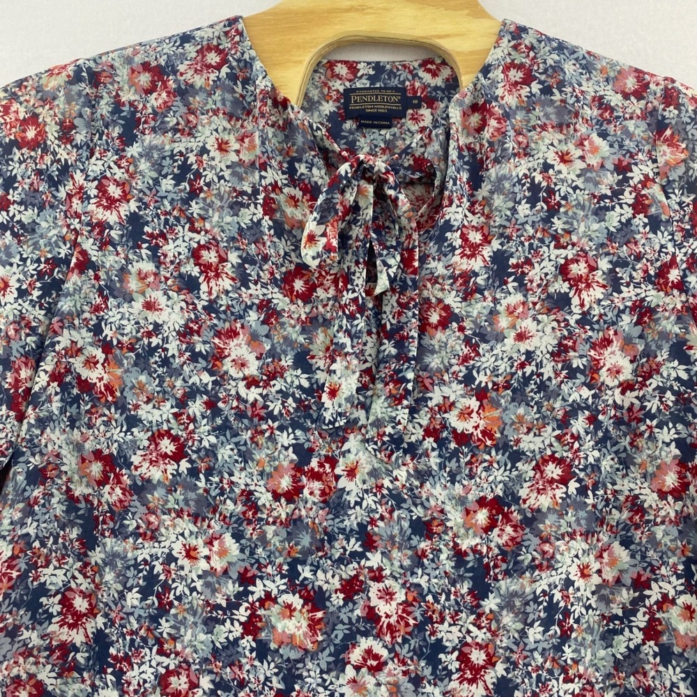 Pendleton 18 Floral Blouse Tie Neck Long Sleeve Elegant‎ Red Blue Sheer Cottage